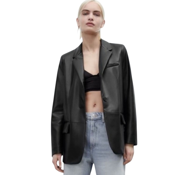 Zara Black Faux Leather Blazer Jacket Size XXL - Picture 1 of 4